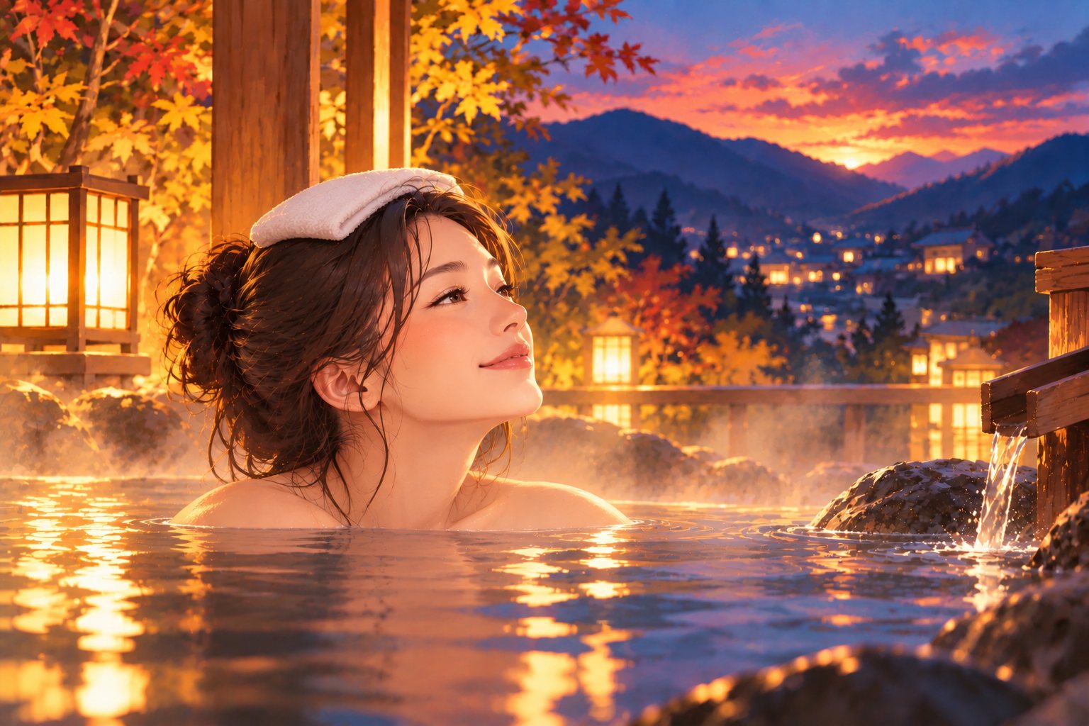 夕暮れの露天風呂で、ひとり空を見上げる人のイラスト